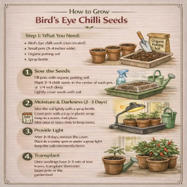 how to grow bird's eye chili seeds with step-by-step instructions and illustrations.