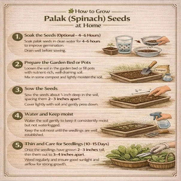 Step-by-step guide on how to grow Palak (Spinach) Seeds at home with illustrations and text.