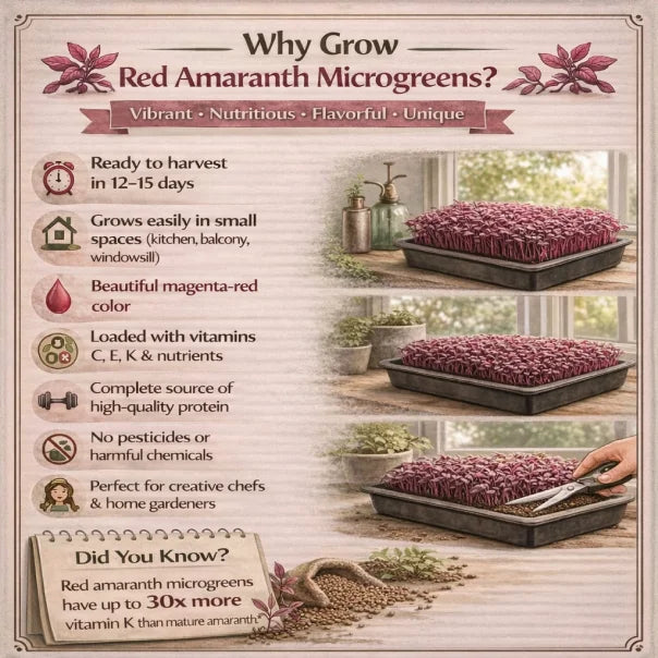 Benefits on growing red amaranth microgreens with text and images of microgreens.