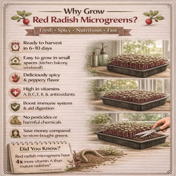 Benefits on growing red radish microgreens with text and images of trays with microgreens.
