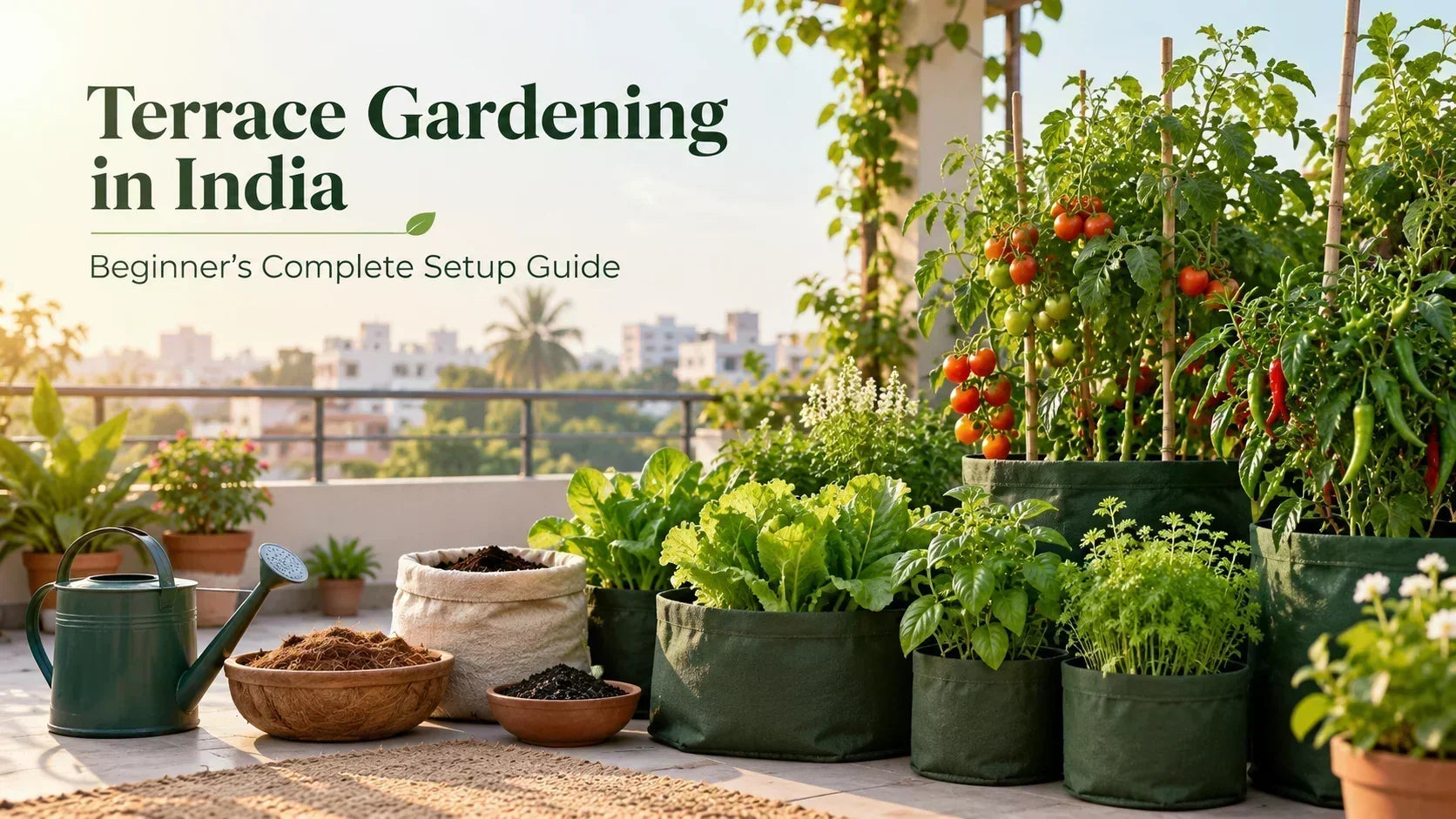 Beginner terrace garden setup in India with grow bags and vegetable plants