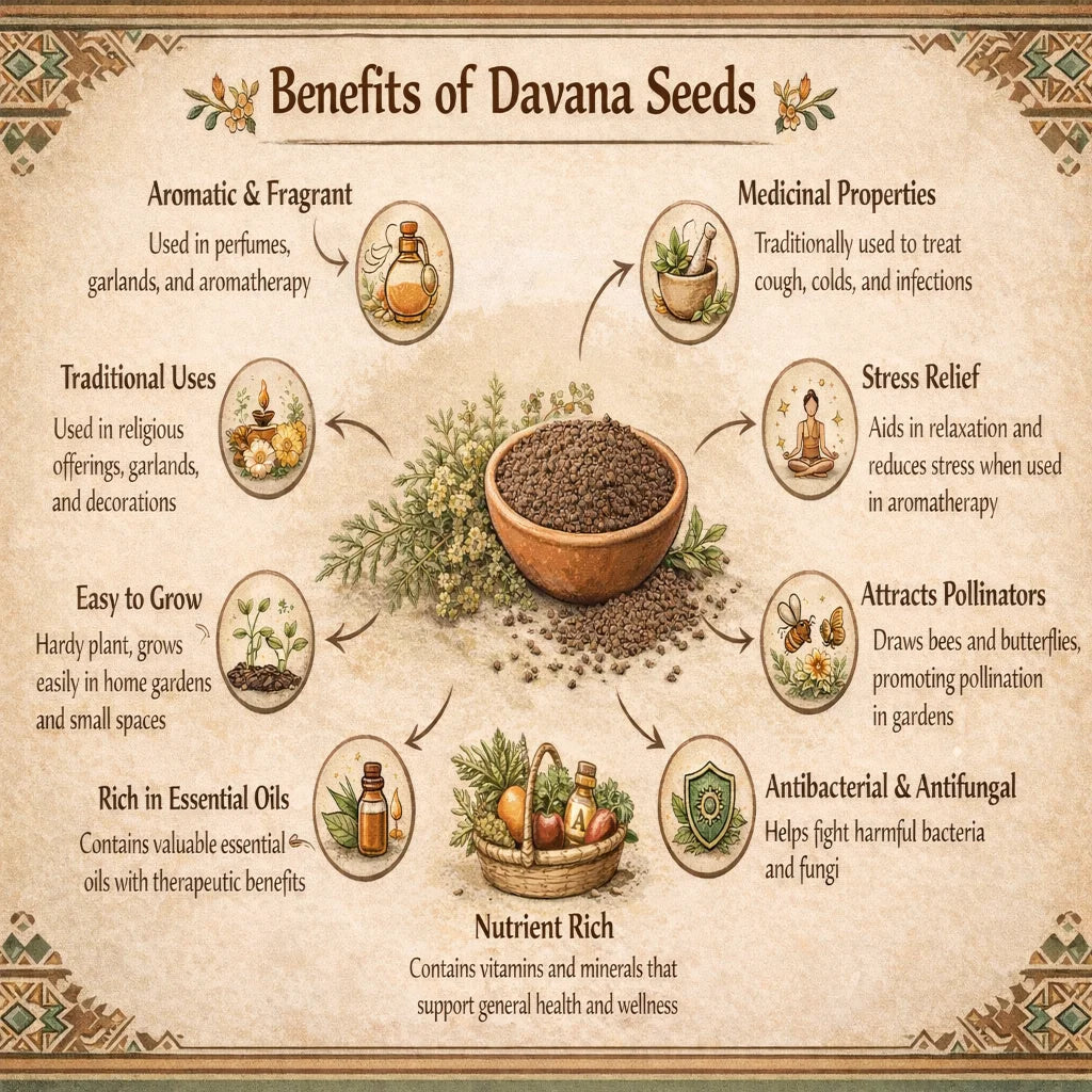 Infographic detailing the benefits of Davana seeds