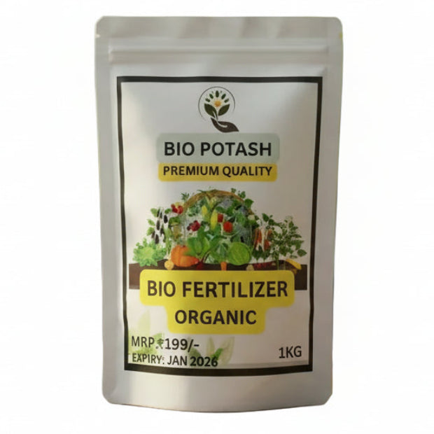 Bio Potash fertilizer package with potted plants in the background