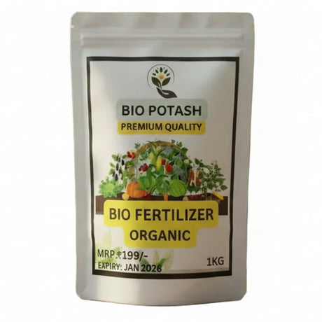 Bio Potash fertilizer package with potted plants in the background