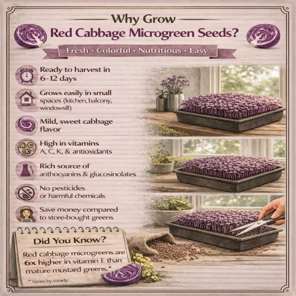 Benefits on growing red cabbage microgreens with text and images of trays with microgreens.