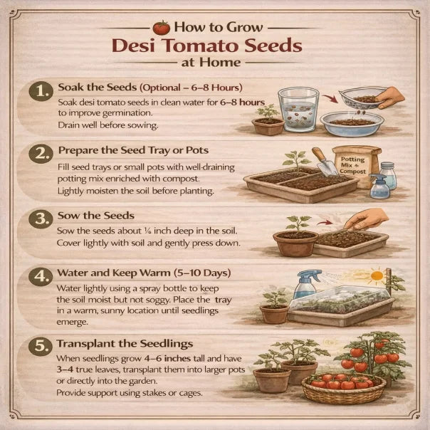 Step-by-step guide on how to grow desi tomato seeds at home with illustrations and text.