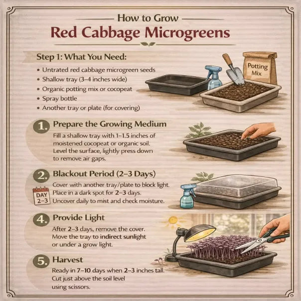 Step-by-step guide on how to grow red cabbage microgreens with illustrations and text.