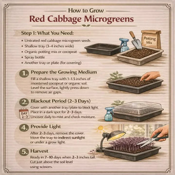 Step-by-step guide on how to grow red cabbage microgreens with illustrations and text.