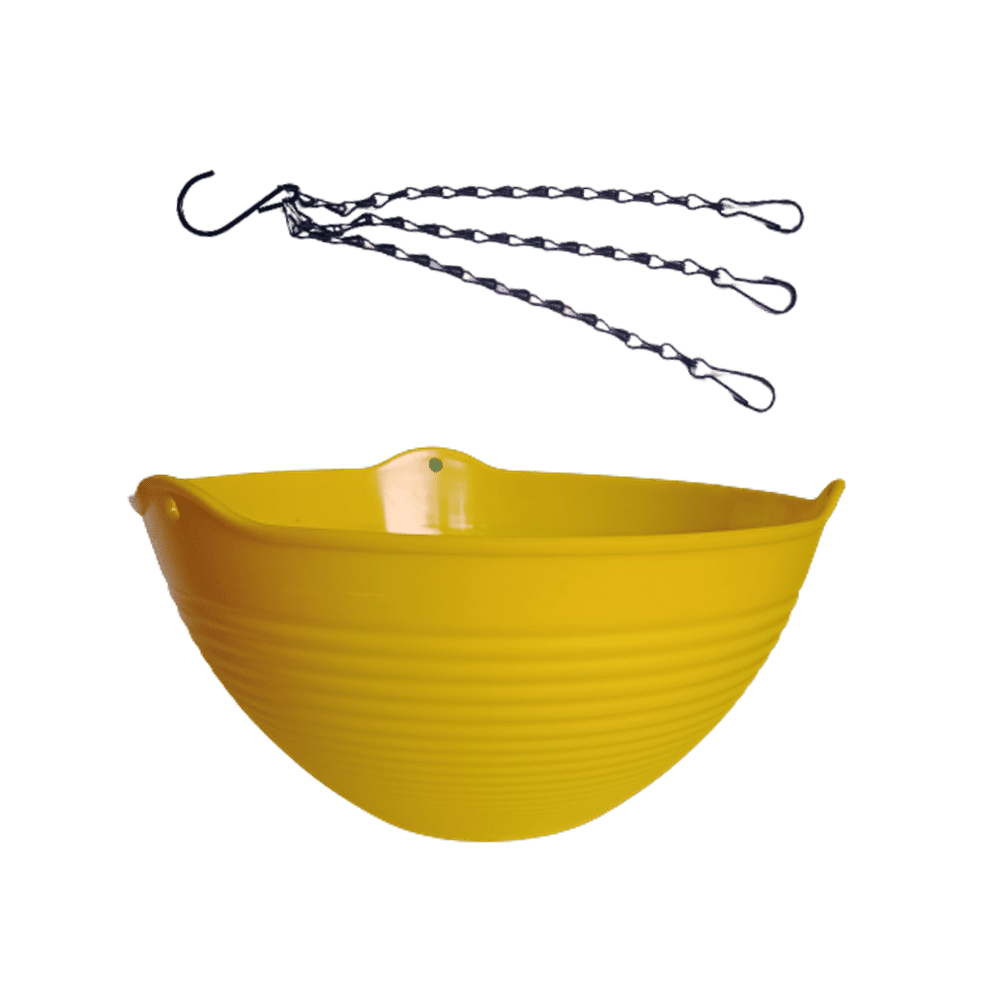 Hanging Plant pots Set of 3 Designer pot — Lightweight, Reusable | Native Indian Organics | Yellow hanging planter with black chain on a white background