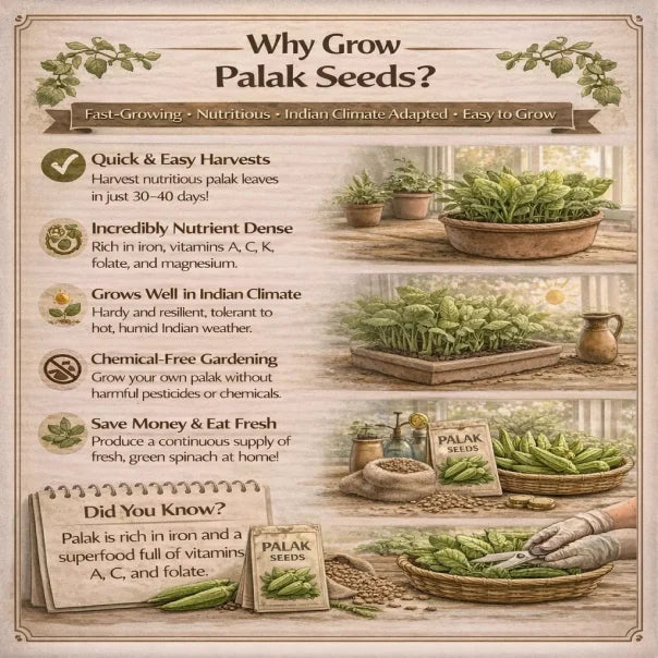 Benefits on growing palak seeds with text and images of plants.