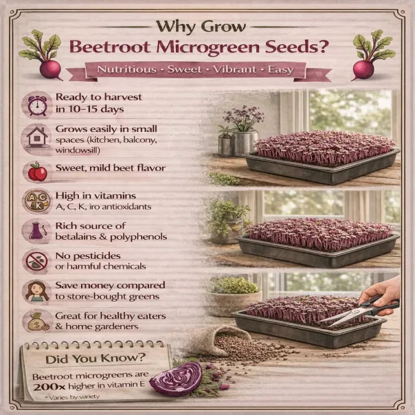 Benefits on growing beetroot microgreen seeds with text and images of trays with microgreens.