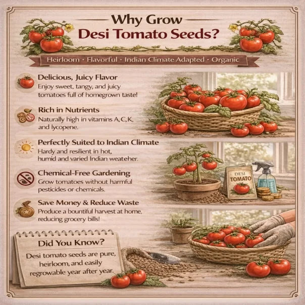 Benefits of Desi tomato seeds with text and images of tomatoes and gardening tools.