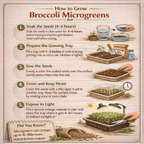 Step-by-step guide on how to grow broccoli microgreens with illustrations and text.